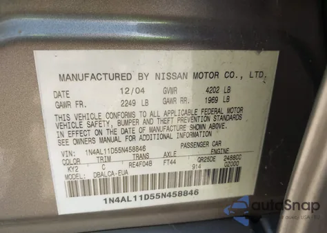 2005 Nissan Altima 2.5 S z USA, uszkodzony, nr VIN 1N4AL11D55N458846